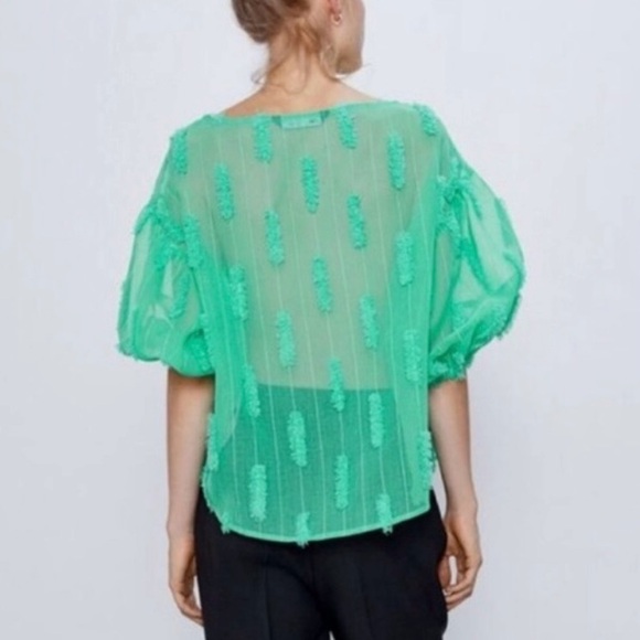 NWT Zara Sheer Puff Sleeve Spearmint Green Fringe Textured Blouse - Picture 6 of 12